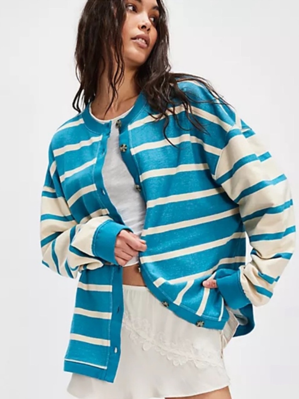 FREE PEOPLE Classic Striped Blue and Cream Cardigan